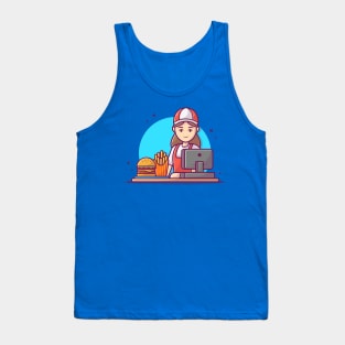 Cashier Serving Order for Burger And French Fries With Cash Register Cartoon Tank Top